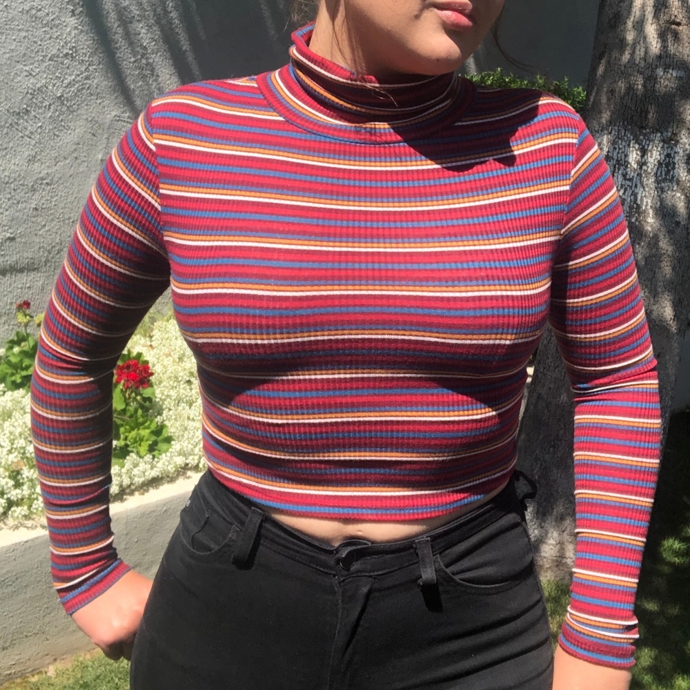 rainbow striped crop turtleneck